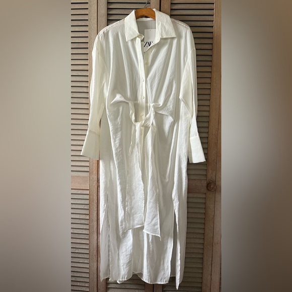 Zara oyster off white ivory shirt dress long mid knot waist bow blogger vacay S - Picture 10 of 11